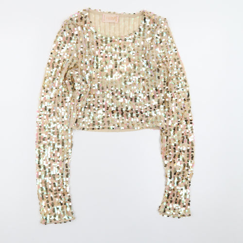 Club London Women Beige Sequin Cropped Long Sleeve Blouse Size 8
