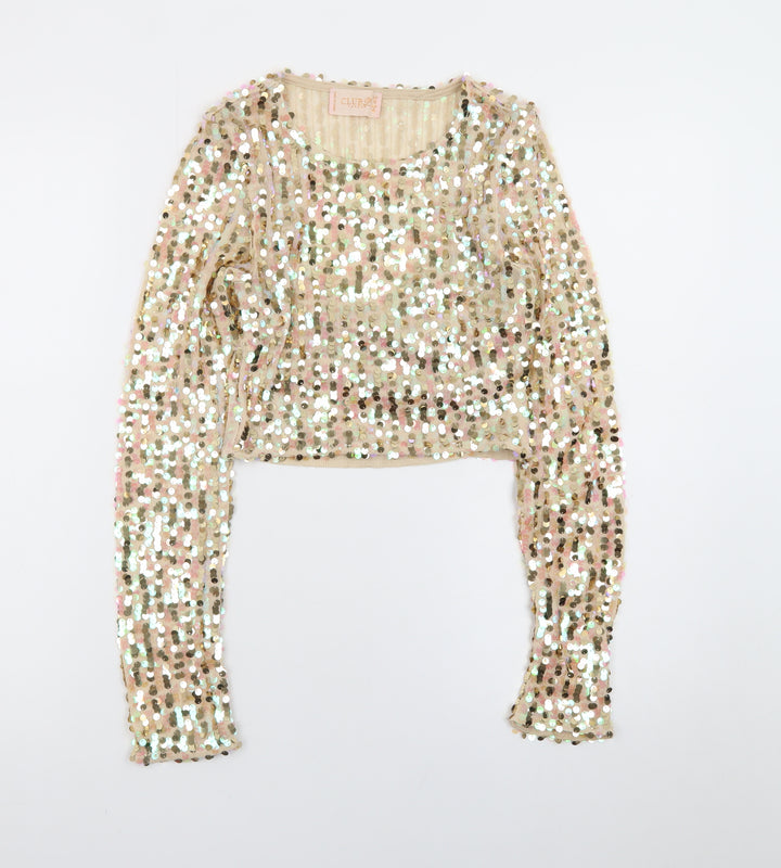 Club London Women Beige Sequin Cropped Long Sleeve Blouse Size 8