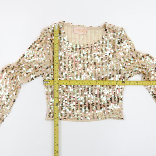 Club London Women Beige Sequin Cropped Long Sleeve Blouse Size 8