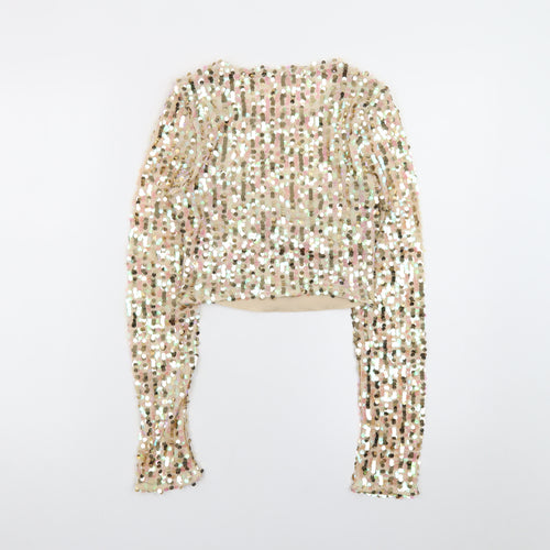 Club London Women Beige Sequin Cropped Long Sleeve Blouse Size 8