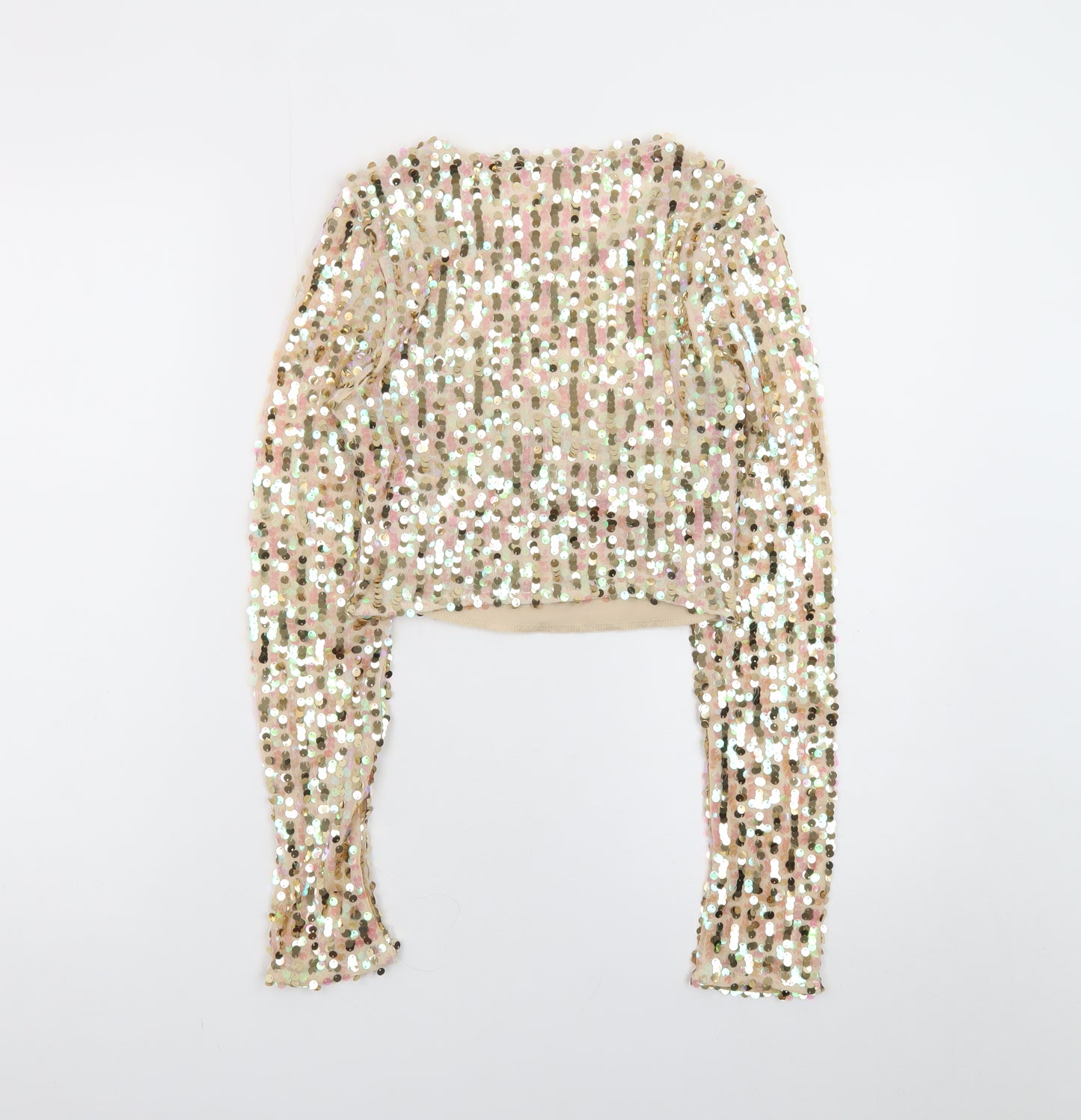 Club London Women Beige Sequin Cropped Long Sleeve Blouse Size 8