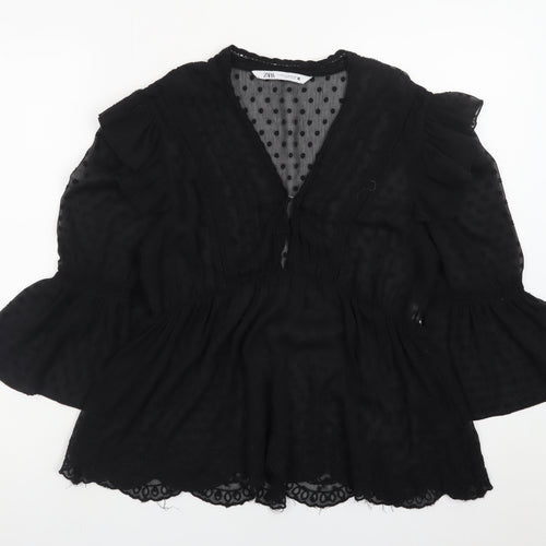 Zara Women’s Black Chiffon Ruffle Tunic Blouse Size M