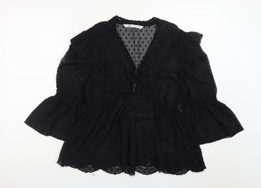 Zara Women’s Black Chiffon Ruffle Tunic Blouse Size M