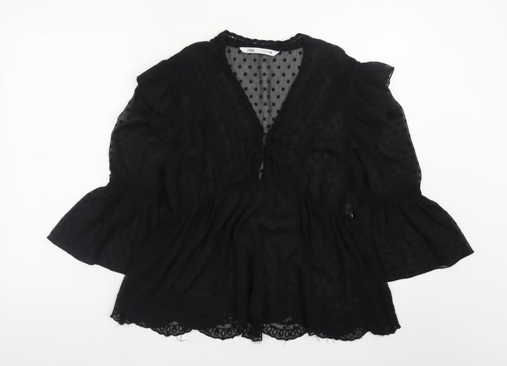 Zara Women’s Black Chiffon Ruffle Tunic Blouse Size M