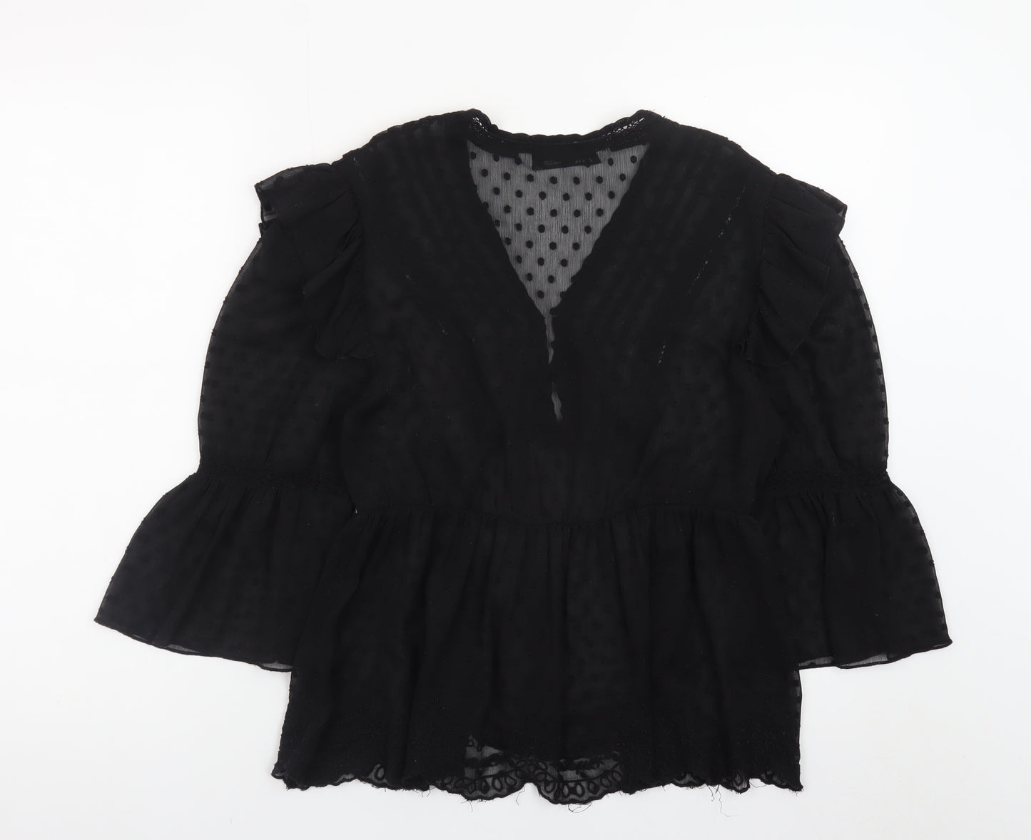 Zara Women’s Black Chiffon Ruffle Tunic Blouse Size M