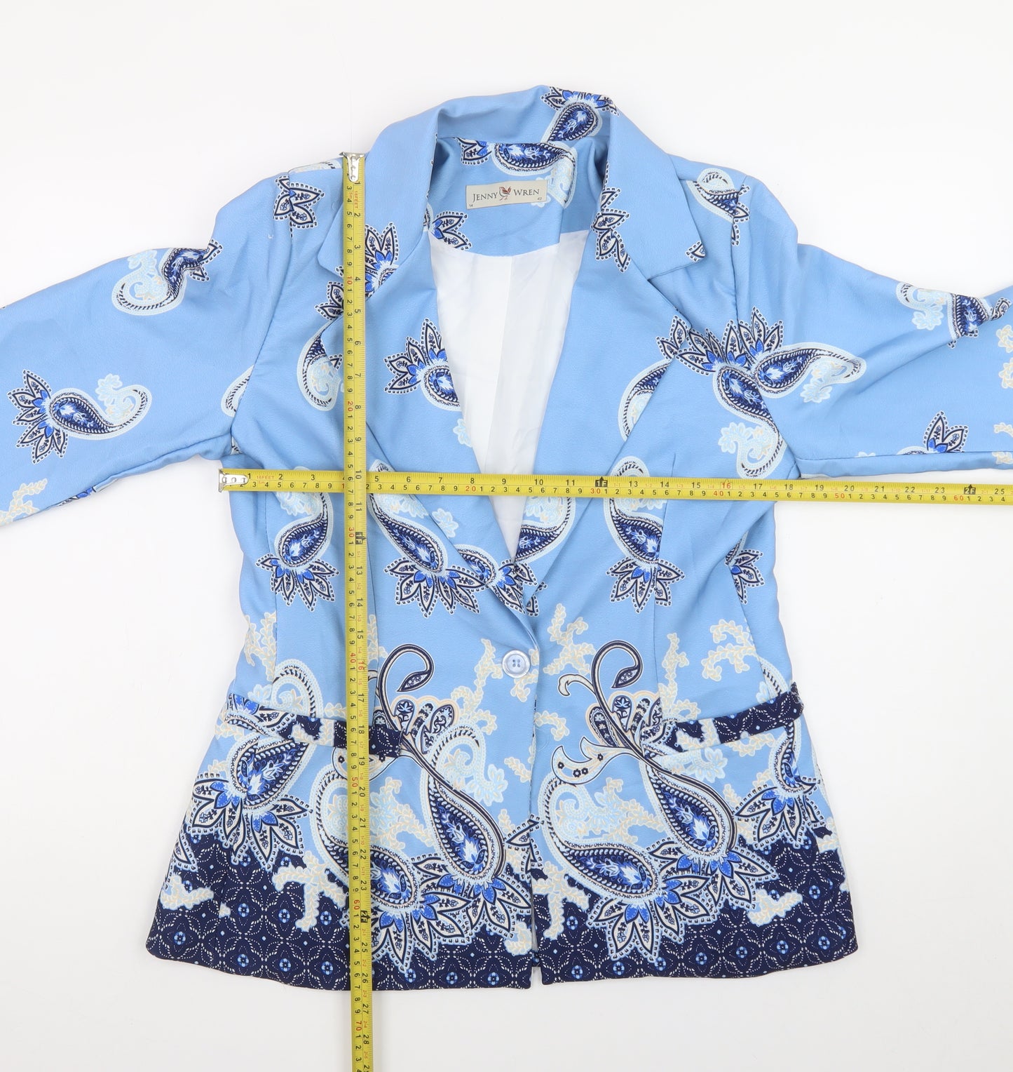 Jenny Wren Women's Blue Paisley Blazer Size 14 Classic Mid-Length Jacket