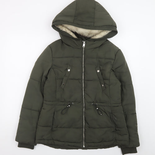 H&M Divided Women's Green Puffer Jacket Size 14 Hooded Mid-Length