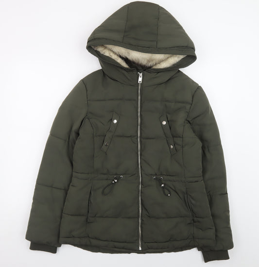 H&M Divided Women's Green Puffer Jacket Size 14 Hooded Mid-Length