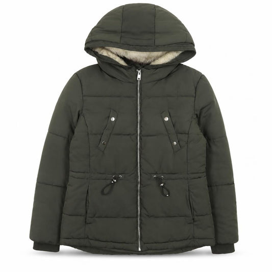 Front view of H&M Divided Women's Green Puffer Jacket, size 14, Hooded Mid-Length