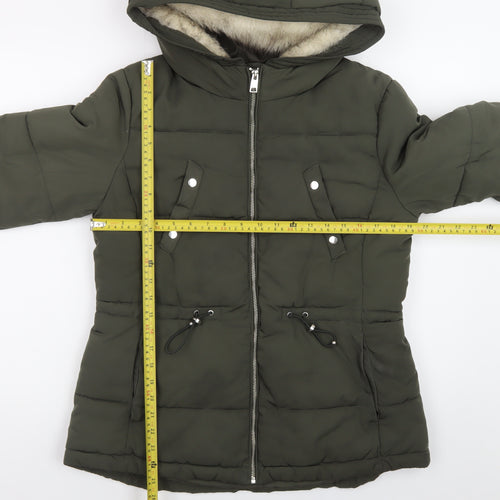 H&M Divided Women's Green Puffer Jacket Size 14 Hooded Mid-Length