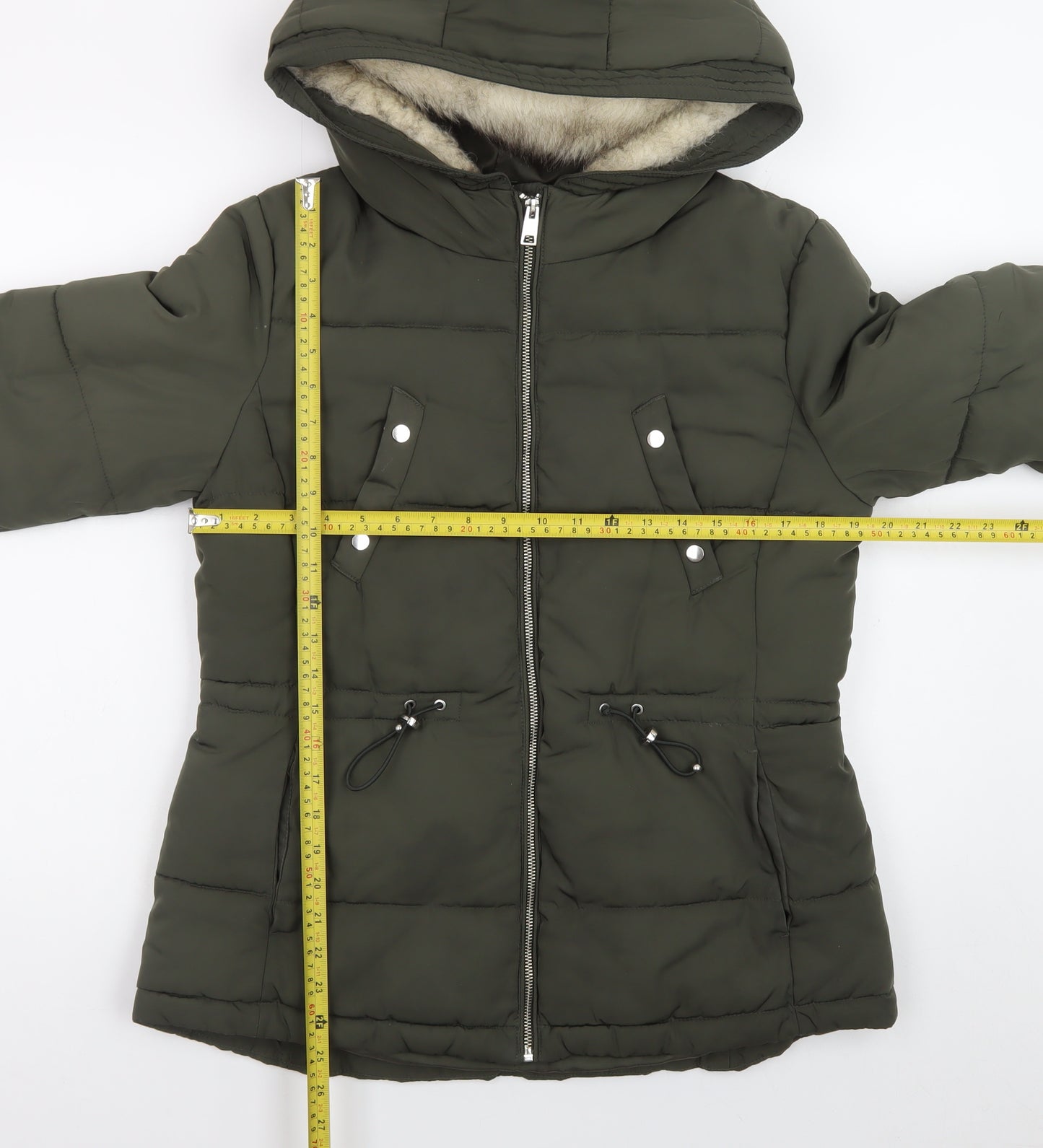 H&M Divided Women's Green Puffer Jacket Size 14 Hooded Mid-Length