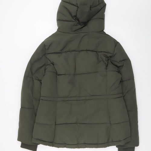 H&M Divided Women's Green Puffer Jacket Size 14 Hooded Mid-Length