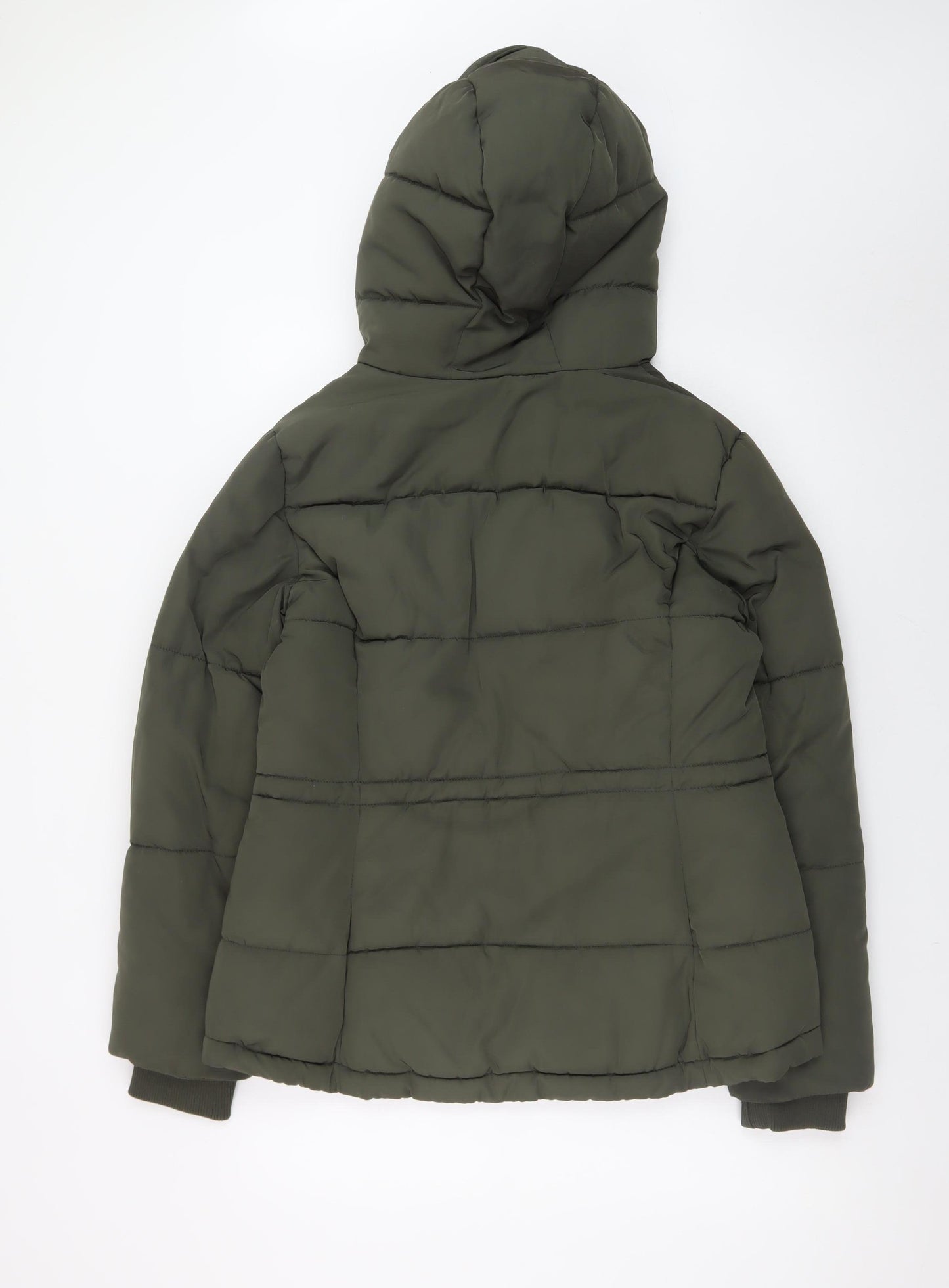 H&M Divided Women's Green Puffer Jacket Size 14 Hooded Mid-Length