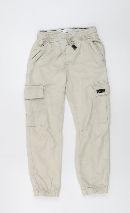 Zara Boys Beige Cargo Trousers 9 Years Elastic Waist Twill Pants