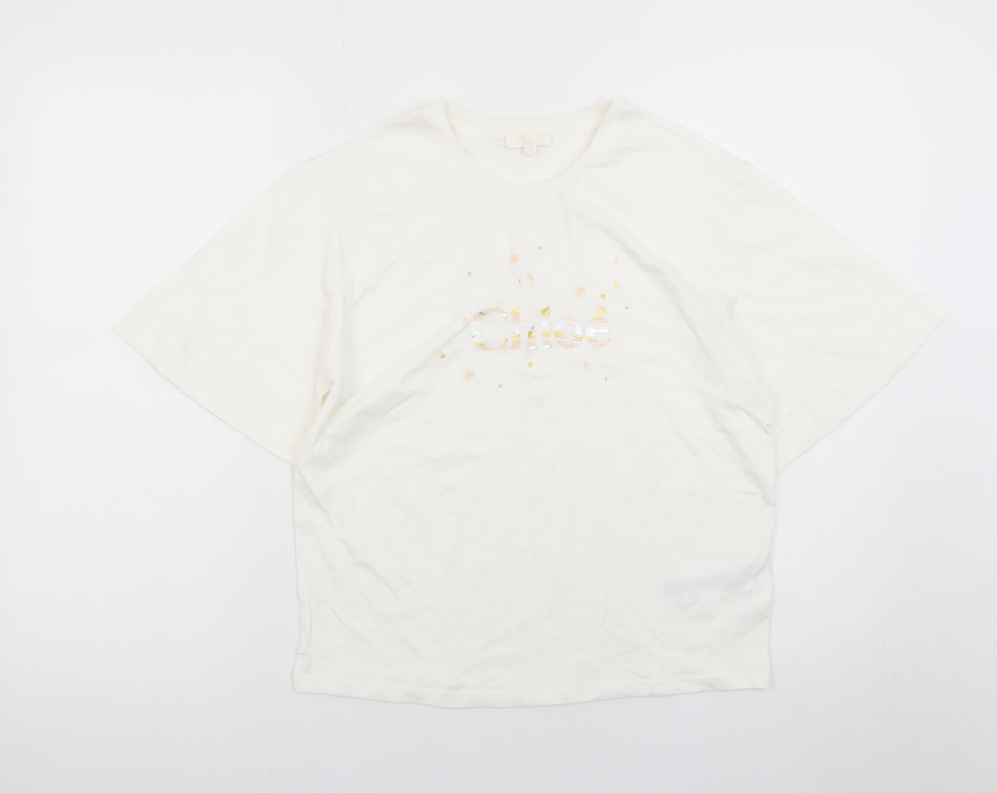 Chloé Women's Ivory Cotton Embroidered Logo T-Shirt Size 14