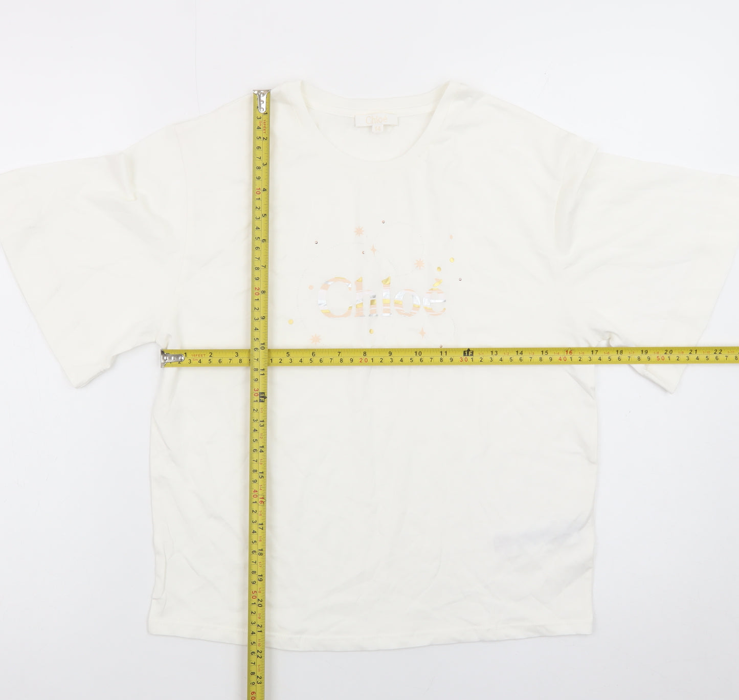 Chloé Women's Ivory Cotton Embroidered Logo T-Shirt Size 14