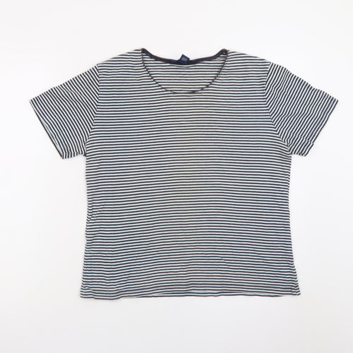 Karen Scott Women Blue Striped Cotton Short Sleeve T-Shirt M