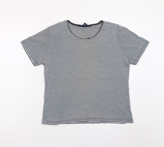 Karen Scott Women Blue Striped Cotton Short Sleeve T-Shirt M