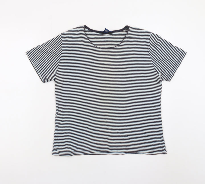 Karen Scott Women Blue Striped Cotton Short Sleeve T-Shirt M