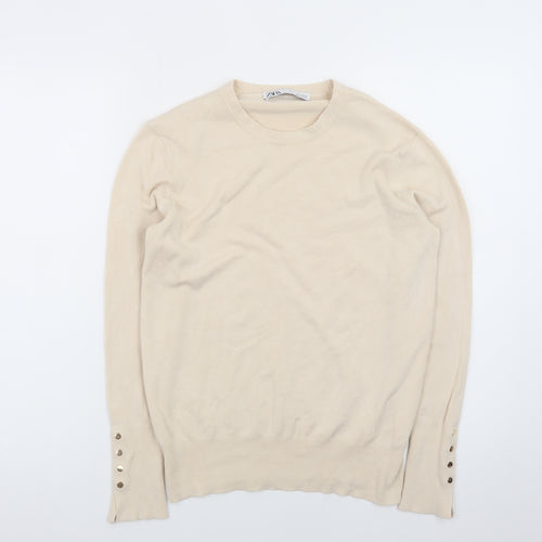 Zara Women Beige Knit Long Sleeve Basic Crew Neck Top XL