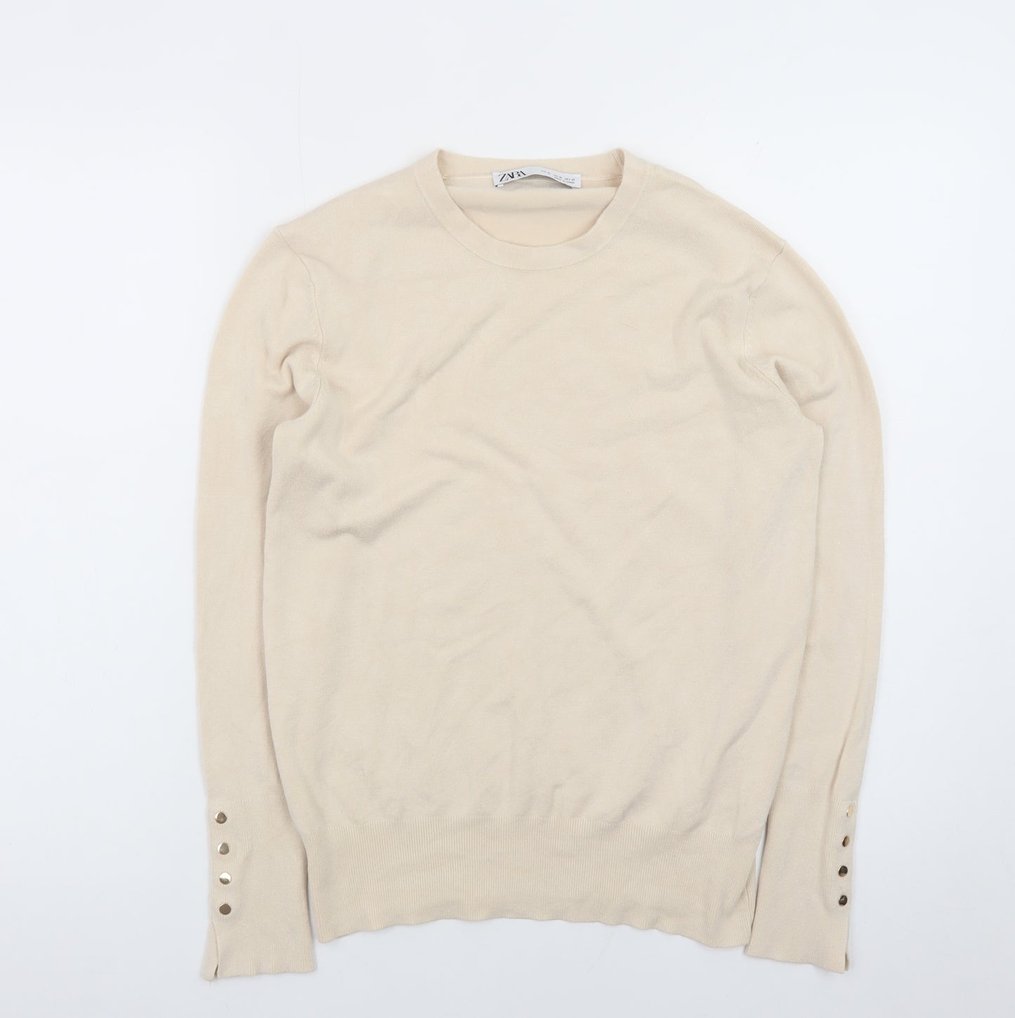 Zara Women Beige Knit Long Sleeve Basic Crew Neck Top XL