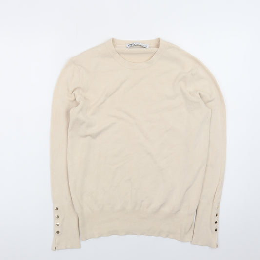 Zara Women Beige Knit Long Sleeve Basic Crew Neck Top XL