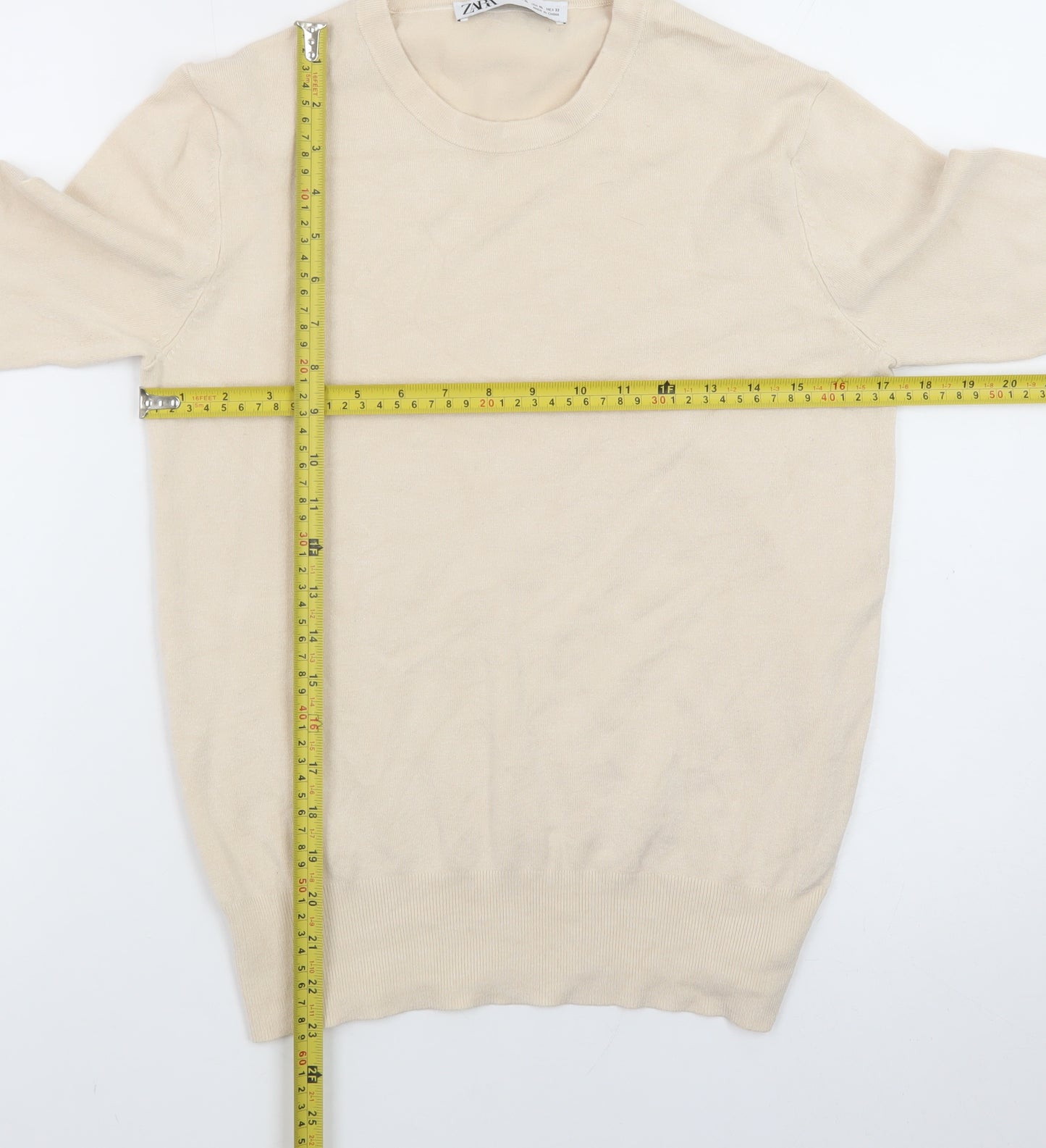 Zara Women Beige Knit Long Sleeve Basic Crew Neck Top XL