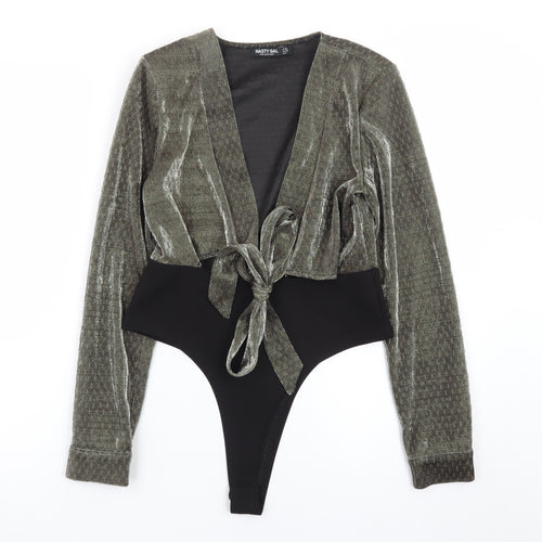 Nasty Gal Womens Grey Velvet Wrap Bodysuit Size 10 Long Sleeve