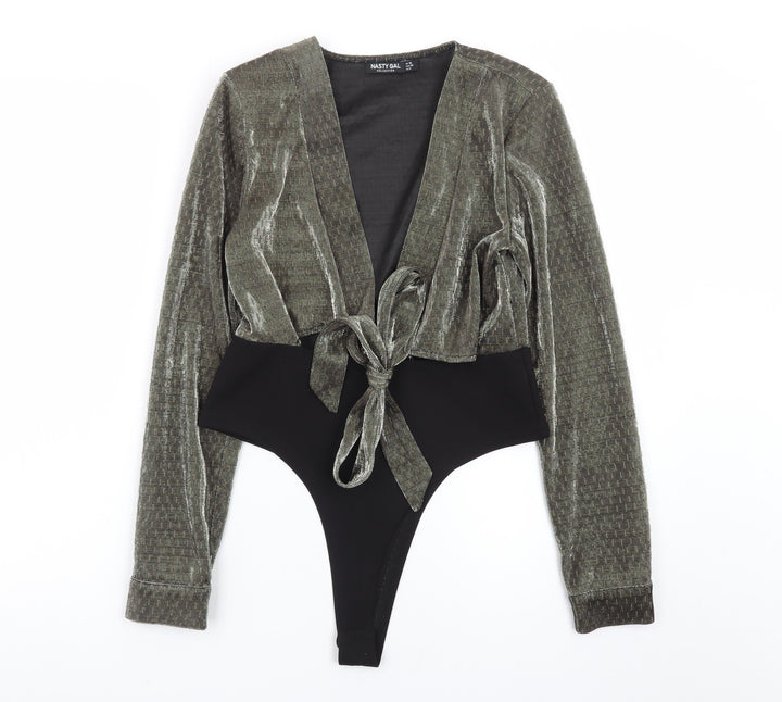 Nasty Gal Womens Grey Velvet Wrap Bodysuit Size 10 Long Sleeve