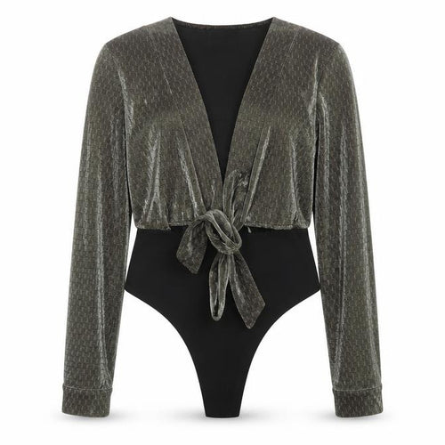 Nasty Gal Womens Grey Velvet Wrap Bodysuit Size 10 Long Sleeve