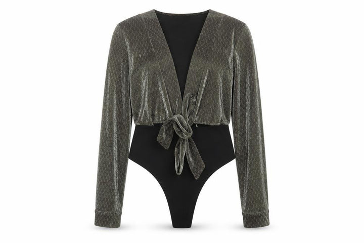 Nasty Gal Womens Grey Velvet Wrap Bodysuit Size 10 Long Sleeve