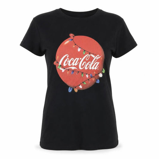 Front view of Coca-Cola women’s black small christmas graphic t-shirt 100% cotton