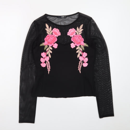 Quiz Womens Black Floral Embroidered Mesh Long Sleeve Cropped Blouse Size 12