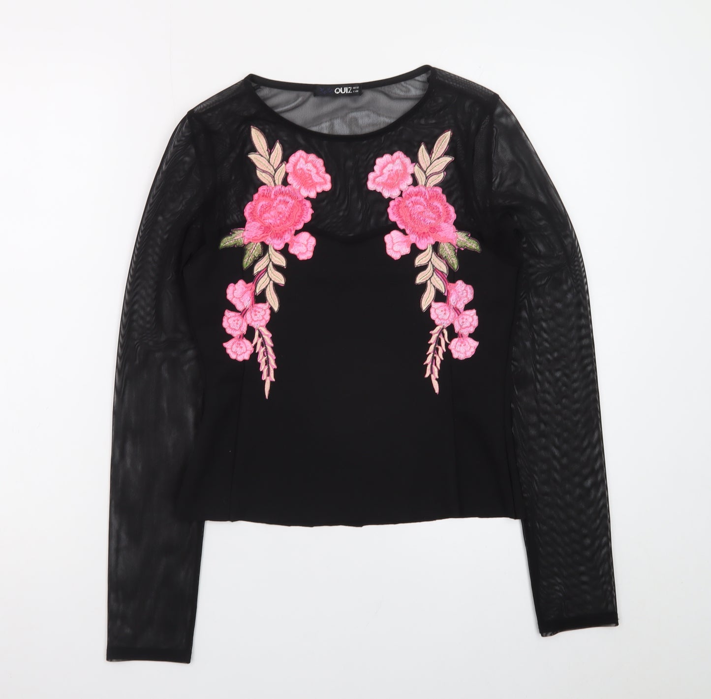 Quiz Womens Black Floral Embroidered Mesh Long Sleeve Cropped Blouse Size 12