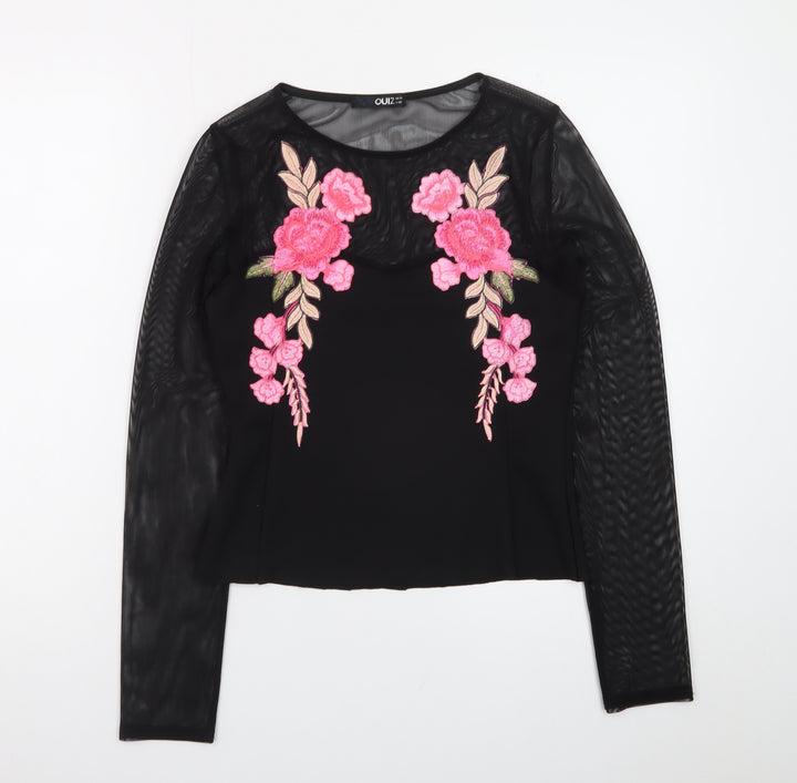 Quiz Womens Black Floral Embroidered Mesh Long Sleeve Cropped Blouse Size 12