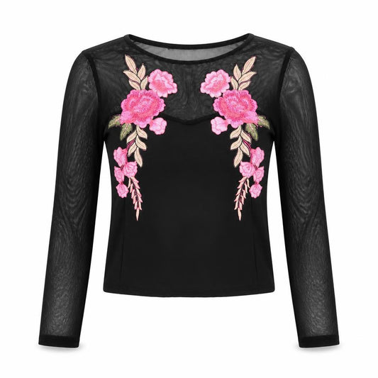 Front view of Quiz women’s black floral embroidered mesh long sleeve cropped blouse, size UK 12