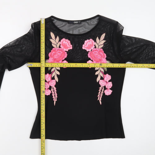Quiz Womens Black Floral Embroidered Mesh Long Sleeve Cropped Blouse Size 12