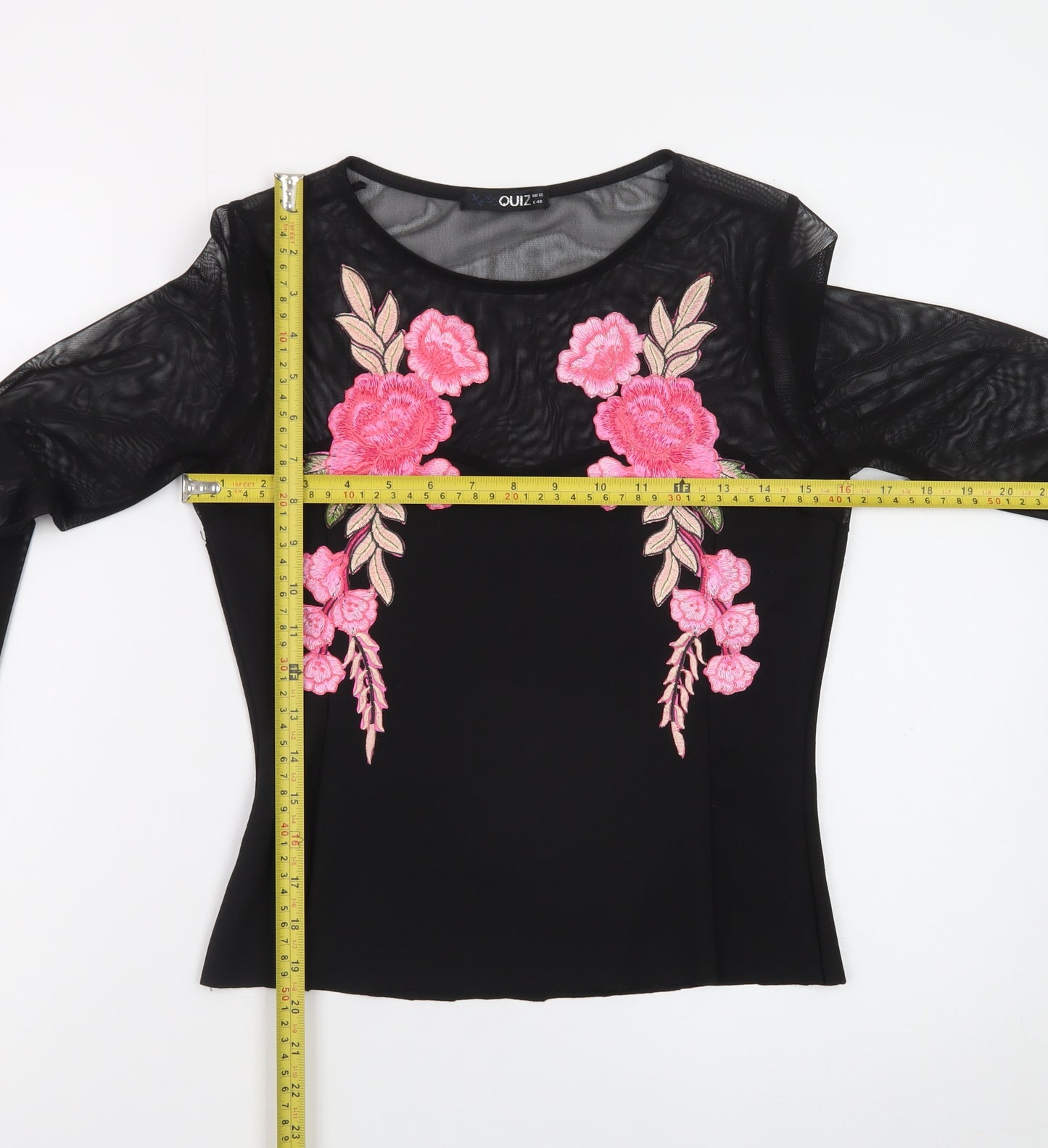 Quiz Womens Black Floral Embroidered Mesh Long Sleeve Cropped Blouse Size 12
