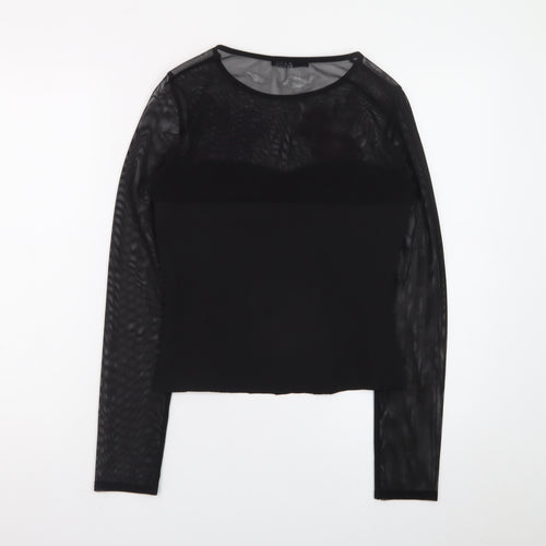 Quiz Womens Black Floral Embroidered Mesh Long Sleeve Cropped Blouse Size 12