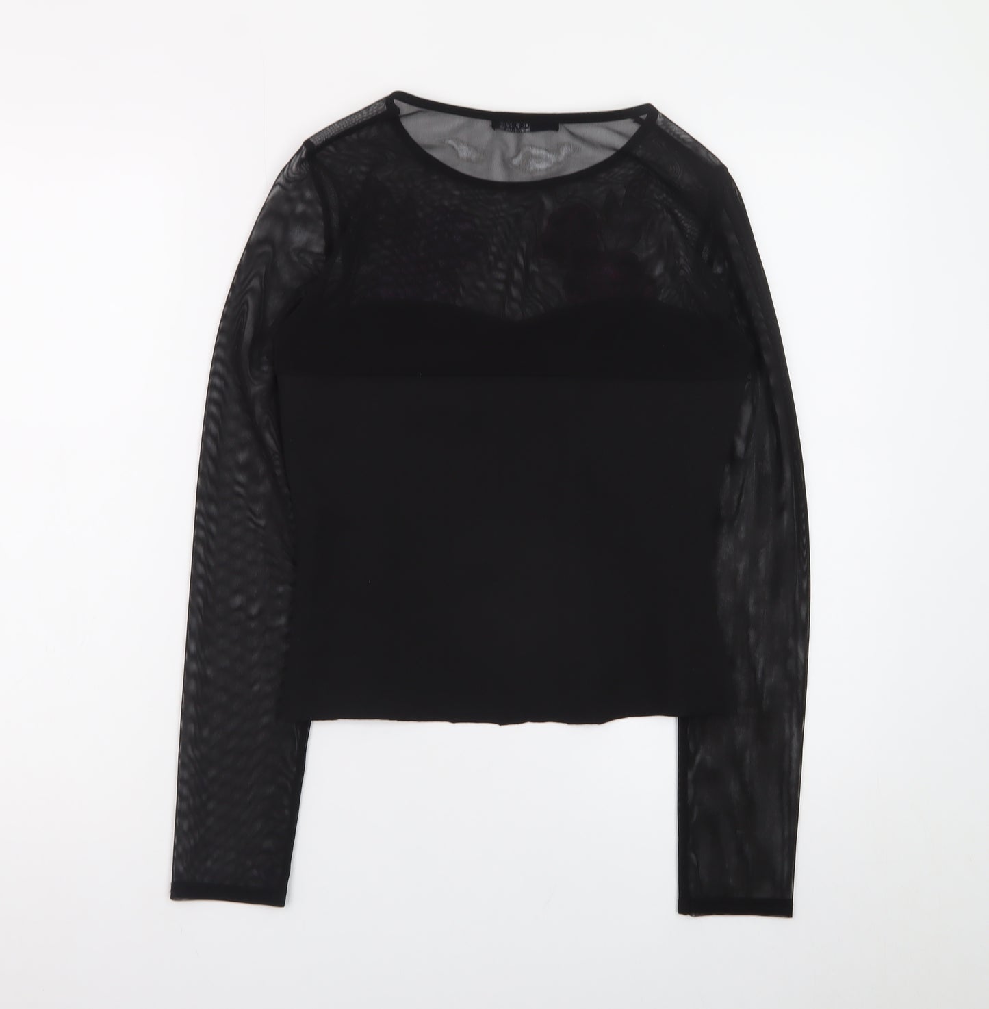Quiz Womens Black Floral Embroidered Mesh Long Sleeve Cropped Blouse Size 12