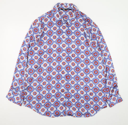 Zara Womens Multicoloured Geometric Button-Up Long Sleeve Cotton Shirt Size 12