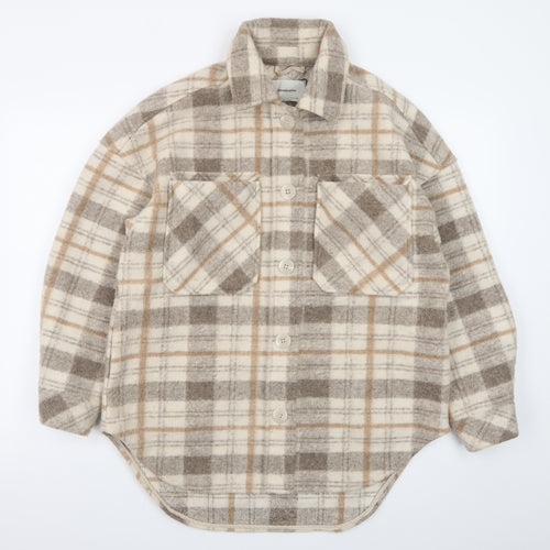 Stradivarius Women Beige Checked Shacket Jacket Size 8 Relaxed Fit