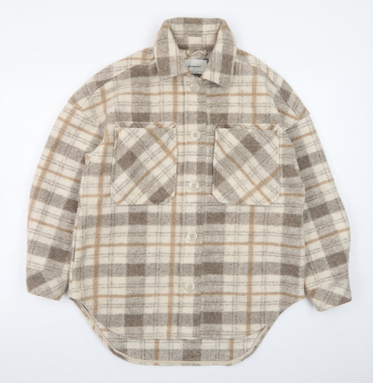 Stradivarius Women Beige Checked Shacket Jacket Size 8 Relaxed Fit