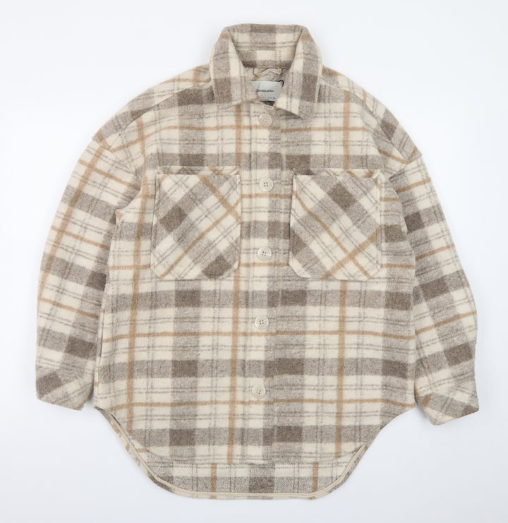 Stradivarius Women Beige Checked Shacket Jacket Size 8 Relaxed Fit
