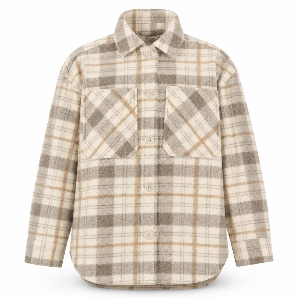 Front view of Stradivarius Women Beige Checked Shacket Jacket, size 8, Relaxed Fit