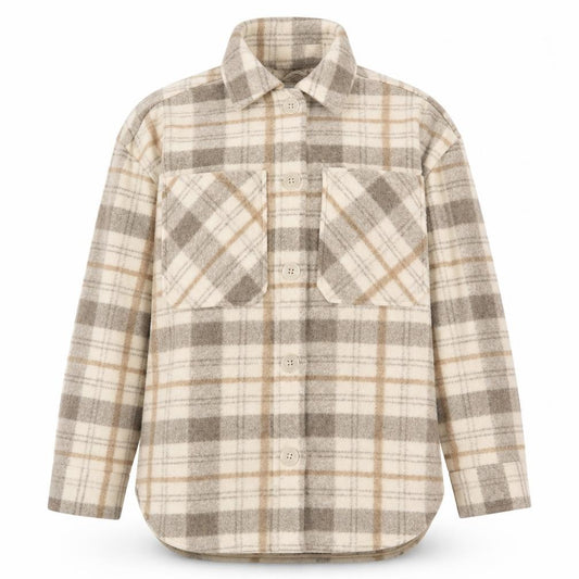 Front view of Stradivarius Women Beige Checked Shacket Jacket, size 8, Relaxed Fit