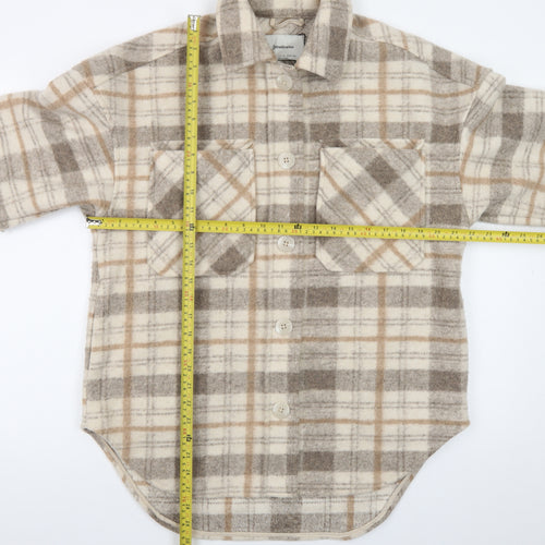 Stradivarius Women Beige Checked Shacket Jacket Size 8 Relaxed Fit