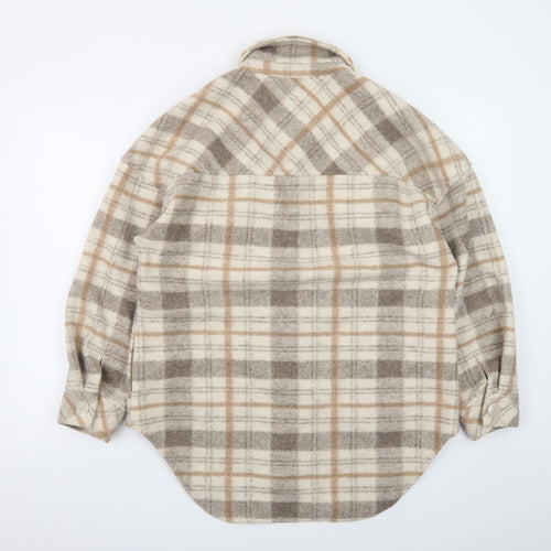 Stradivarius Women Beige Checked Shacket Jacket Size 8 Relaxed Fit