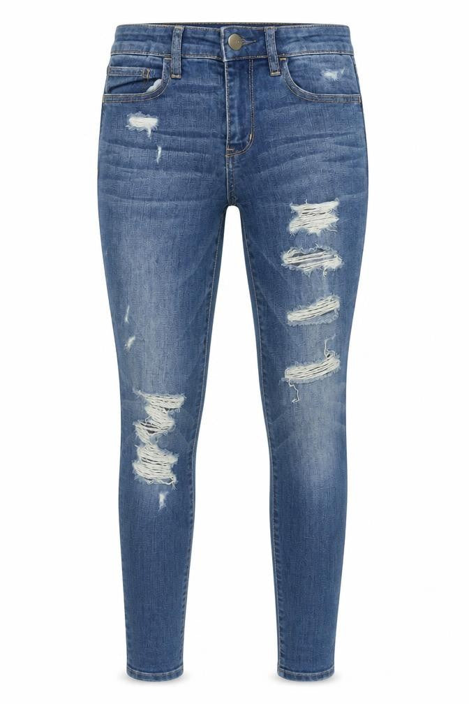 Front view of American Eagle Women Blue, size 6, Skinny Distressed Stretch Jeans