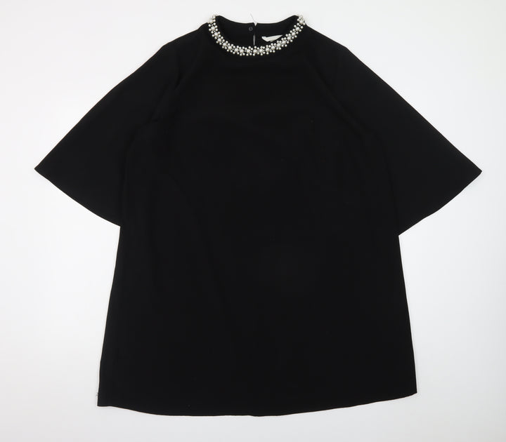 H&M Women Black Size 12 Beaded Shift Dress High Neck Evening